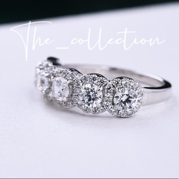 HALO FIVE STONE DIAMOND STERLING SILVER RING - Picture 4 of 5